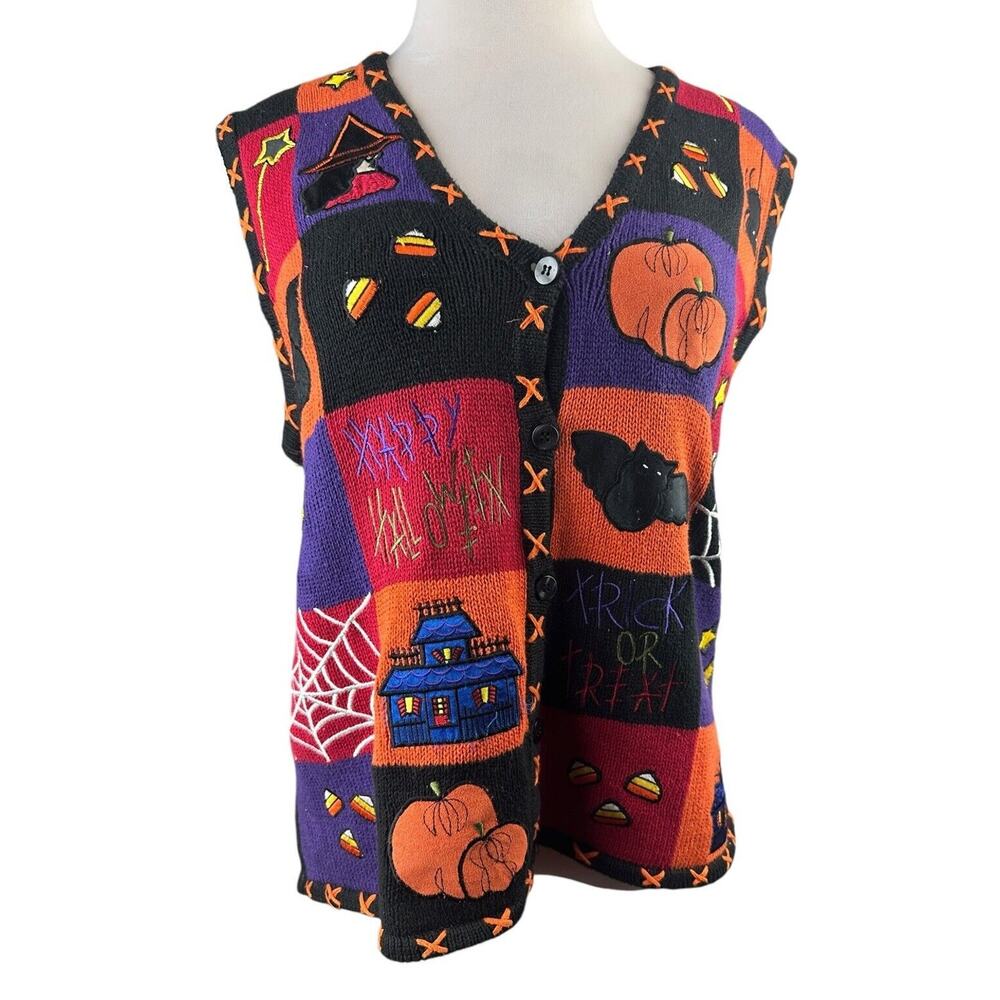 Bobbie Brooks Halloween Knit Vest Trick Or Treat Pumpkin Patch Color Block Large - Picture 2 of 12